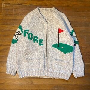Vintage 70s Hand Knit Golf Cowichan Sweater Zip Front Fore Golfer Talon Medium